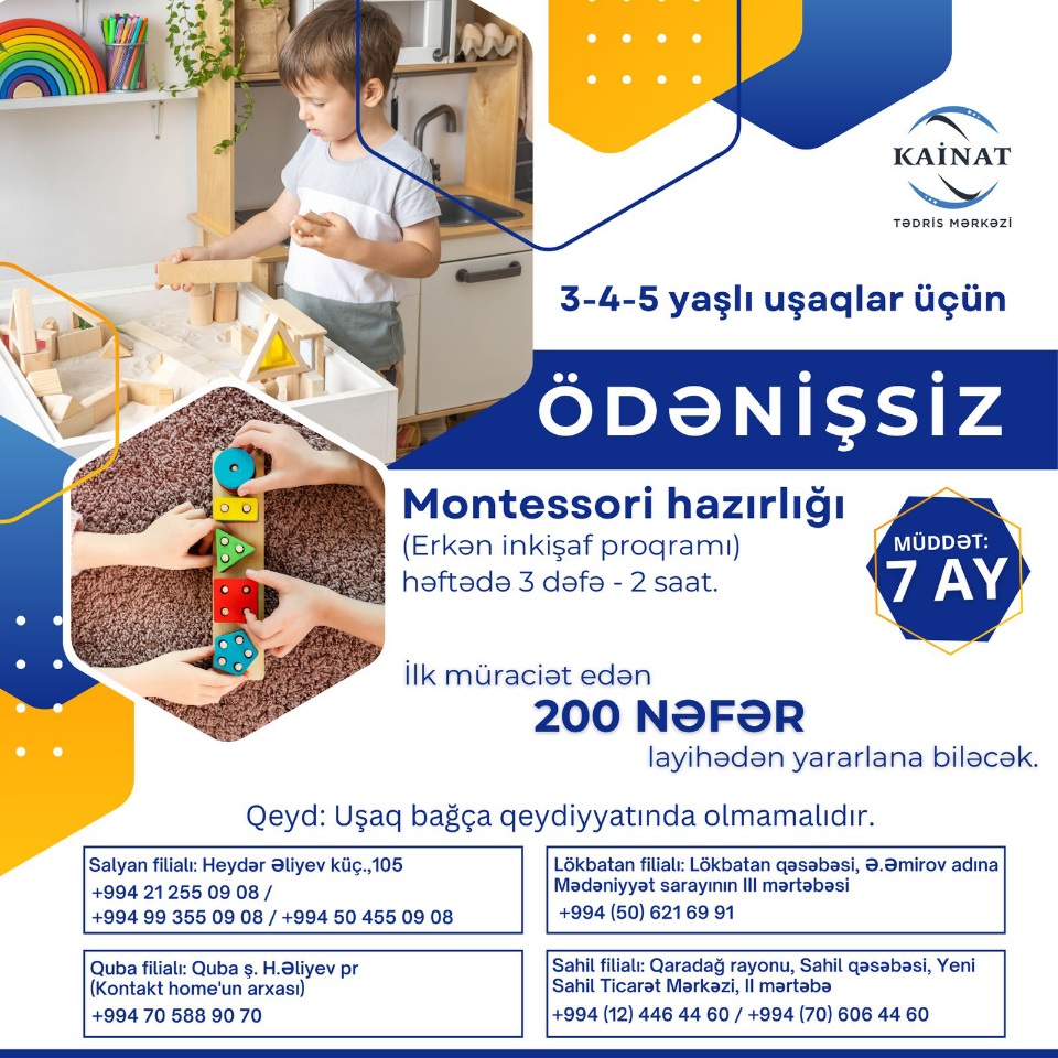 Kainat Tədris Mərkəzində ÖDƏNİŞSİZ Montessori hazırlığına start verildi.