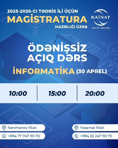 Magistratura hazırlığı üzrə Ödənişsiz Açıq dərslərimizə elə indi qeydiyyatdan keçin. 