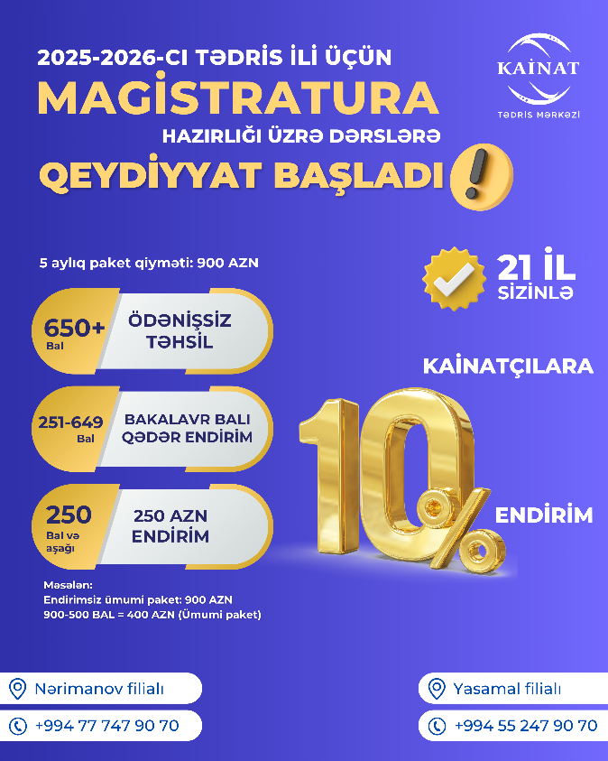 Magistraturaya hazırlaşmaq istəyən tələbələrin nəzərinə Online və Əyani formada magistr dərslərimizə qeydiyyat davam edir. 