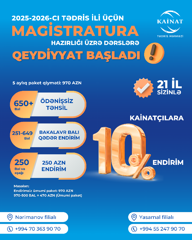 Hələ də MAGİSTRATURA hazırlığına qeydiyyatdan keçməmisən?  Bu sahədə 20 ildir fəaliyyət göstərən Kainat Tədris Mərkəzi axtardığın ünvandır! 